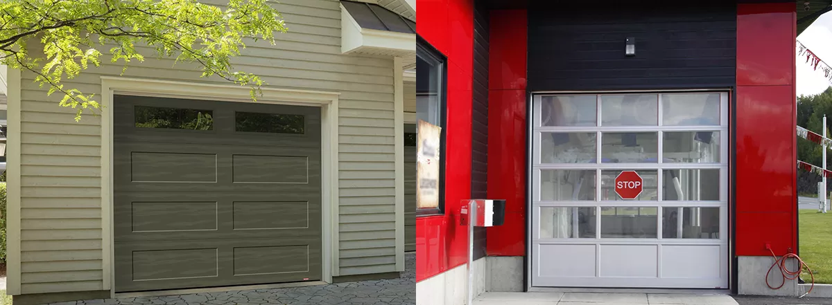 Brown garage door on a shed and glass garage door on a commercial garage to cover residential and commercial needs